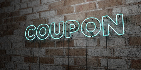 COUPON - Glowing Neon Sign on stonework wall - 3D rendered royalty free stock illustration.  Can be used for online banner ads and direct mailers..
