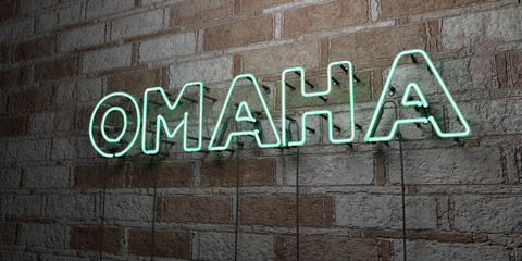 OMAHA - Glowing Neon Sign on stonework wall - 3D rendered royalty free stock illustration.  Can be used for online banner ads and direct mailers..
