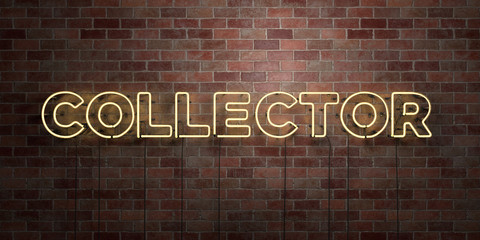 COLLECTOR - fluorescent Neon tube Sign on brickwork - Front view - 3D rendered royalty free stock picture. Can be used for online banner ads and direct mailers..