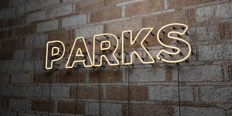 PARKS - Glowing Neon Sign on stonework wall - 3D rendered royalty free stock illustration.  Can be used for online banner ads and direct mailers..
