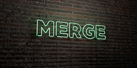 MERGE -Realistic Neon Sign on Brick Wall background - 3D rendered royalty free stock image. Can be used for online banner ads and direct mailers..