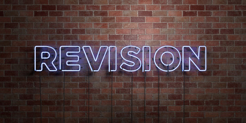 REVISION - fluorescent Neon tube Sign on brickwork - Front view - 3D rendered royalty free stock picture. Can be used for online banner ads and direct mailers..