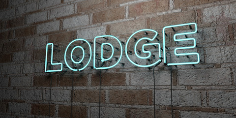 LODGE - Glowing Neon Sign on stonework wall - 3D rendered royalty free stock illustration.  Can be used for online banner ads and direct mailers..