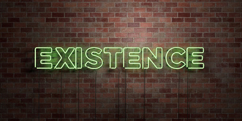 EXISTENCE - fluorescent Neon tube Sign on brickwork - Front view - 3D rendered royalty free stock picture. Can be used for online banner ads and direct mailers..