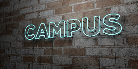 CAMPUS - Glowing Neon Sign on stonework wall - 3D rendered royalty free stock illustration.  Can be used for online banner ads and direct mailers..
