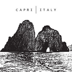 Capri, Italy. Vector illustration of of the famous place - coastal rocks Faraglioni. 
Illustration of scenic landscape in graphic style.
