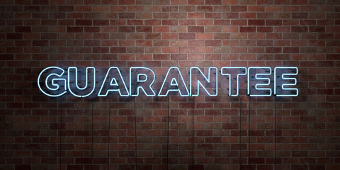 GUARANTEE - fluorescent Neon tube Sign on brickwork - Front view - 3D rendered royalty free stock picture. Can be used for online banner ads and direct mailers..