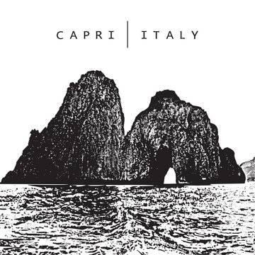 Capri, Italy. Vector illustration of of the famous place - coastal rocks Faraglioni. 
Illustration of scenic landscape in graphic style.
