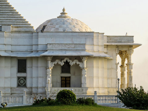 Side view of the front part of and a first dome of the public Laxmi Narayan Hindu Temple (Birla Mandir) in Jaipur. Rajasthan, India