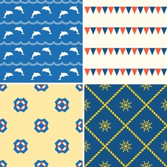 Set of seamless background nautical theme such as dolphin, life vest, flag and helm, flat design vector