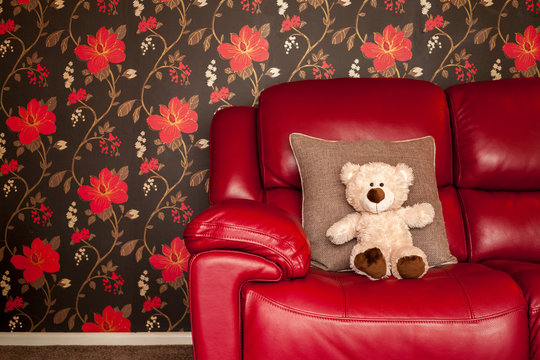 Teddy Bear Soft Toy on Red Leather Sofa Stylish Lifetsyle