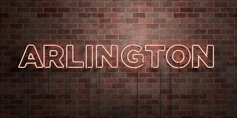 ARLINGTON - fluorescent Neon tube Sign on brickwork - Front view - 3D rendered royalty free stock picture. Can be used for online banner ads and direct mailers..