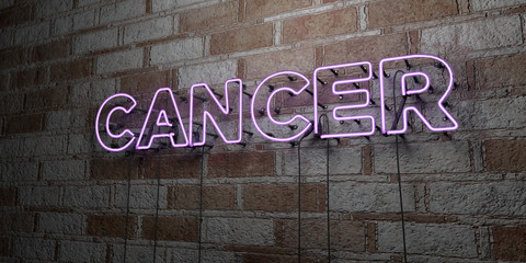 CANCER - Glowing Neon Sign on stonework wall - 3D rendered royalty free stock illustration.  Can be used for online banner ads and direct mailers..