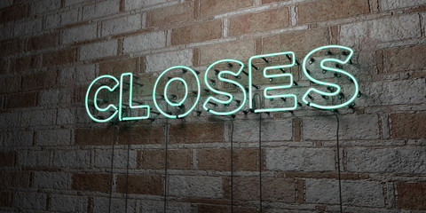 CLOSES - Glowing Neon Sign on stonework wall - 3D rendered royalty free stock illustration.  Can be used for online banner ads and direct mailers..