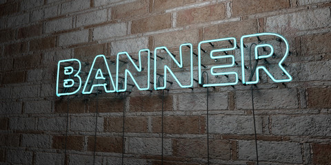 BANNER - Glowing Neon Sign on stonework wall - 3D rendered royalty free stock illustration.  Can be used for online banner ads and direct mailers..