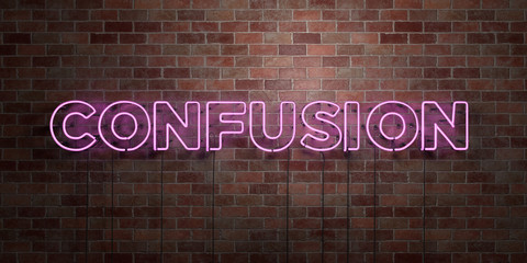 CONFUSION - fluorescent Neon tube Sign on brickwork - Front view - 3D rendered royalty free stock picture. Can be used for online banner ads and direct mailers..
