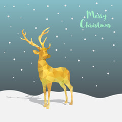 merry christmas with polygonal golden deer and snow, holiday