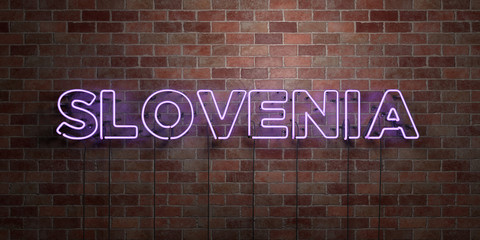 SLOVENIA - fluorescent Neon tube Sign on brickwork - Front view - 3D rendered royalty free stock picture. Can be used for online banner ads and direct mailers..