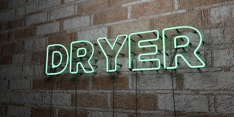 DRYER - Glowing Neon Sign on stonework wall - 3D rendered royalty free stock illustration.  Can be used for online banner ads and direct mailers..