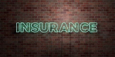 INSURANCE - fluorescent Neon tube Sign on brickwork - Front view - 3D rendered royalty free stock picture. Can be used for online banner ads and direct mailers..