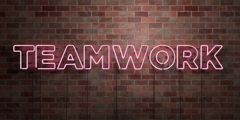 TEAMWORK - fluorescent Neon tube Sign on brickwork - Front view - 3D rendered royalty free stock picture. Can be used for online banner ads and direct mailers..