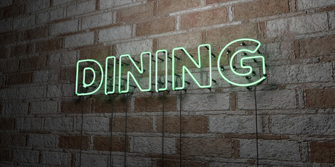 DINING - Glowing Neon Sign on stonework wall - 3D rendered royalty free stock illustration.  Can be used for online banner ads and direct mailers..