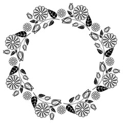 Round black and white frame outline decorative flowers. Copy space. 