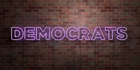 DEMOCRATS - fluorescent Neon tube Sign on brickwork - Front view - 3D rendered royalty free stock picture. Can be used for online banner ads and direct mailers..