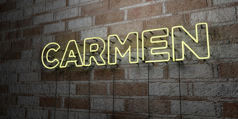 CARMEN - Glowing Neon Sign on stonework wall - 3D rendered royalty free stock illustration.  Can be used for online banner ads and direct mailers..