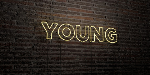 YOUNG -Realistic Neon Sign on Brick Wall background - 3D rendered royalty free stock image. Can be used for online banner ads and direct mailers..