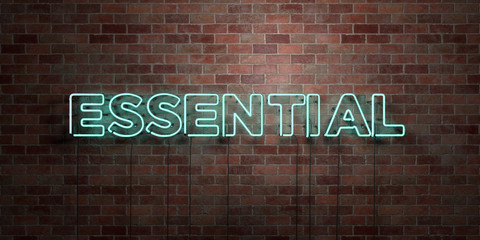 ESSENTIAL - fluorescent Neon tube Sign on brickwork - Front view - 3D rendered royalty free stock picture. Can be used for online banner ads and direct mailers..