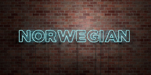 NORWEGIAN - fluorescent Neon tube Sign on brickwork - Front view - 3D rendered royalty free stock picture. Can be used for online banner ads and direct mailers..