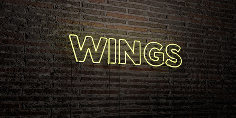 WINGS -Realistic Neon Sign on Brick Wall background - 3D rendered royalty free stock image. Can be used for online banner ads and direct mailers..