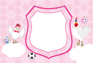 ニワトリとサッカーボールのピンクの可愛いメッセージカード　酉年