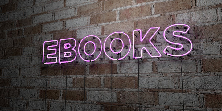 EBOOKS - Glowing Neon Sign on stonework wall - 3D rendered royalty free stock illustration.  Can be used for online banner ads and direct mailers..