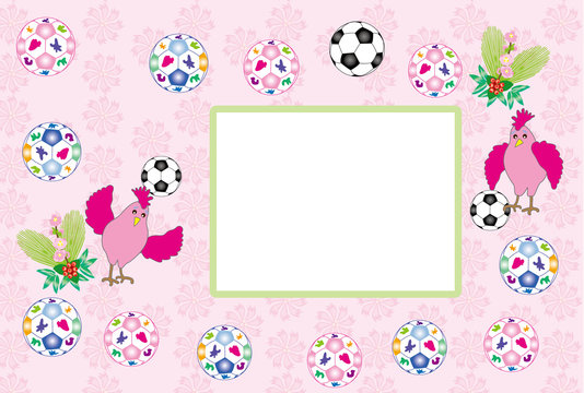 ニワトリとサッカーボールのピンクの可愛いメッセージカード　酉年