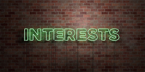 INTERESTS - fluorescent Neon tube Sign on brickwork - Front view - 3D rendered royalty free stock picture. Can be used for online banner ads and direct mailers..