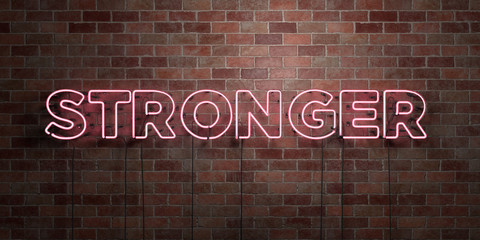 STRONGER - fluorescent Neon tube Sign on brickwork - Front view - 3D rendered royalty free stock picture. Can be used for online banner ads and direct mailers..