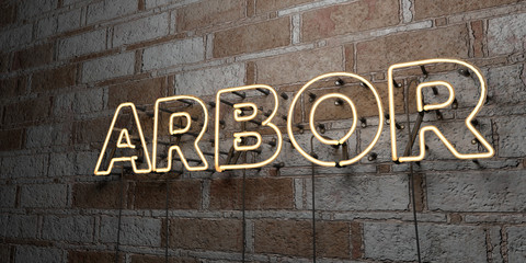ARBOR - Glowing Neon Sign on stonework wall - 3D rendered royalty free stock illustration.  Can be used for online banner ads and direct mailers..