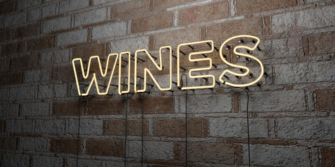 WINES - Glowing Neon Sign on stonework wall - 3D rendered royalty free stock illustration.  Can be used for online banner ads and direct mailers..