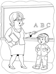 Professions. Coloring page. A cute teacher and her student. Illustration for children