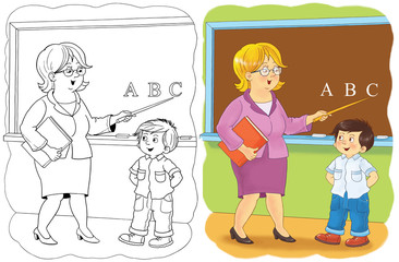 Fototapeta na wymiar Professions. Coloring page. A cute teacher and her student. Illustration for children