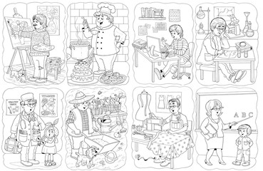 Coloring page. Professions. Cute artist, cook, programmer, doctor, scientist, farmer, tailor and teacher