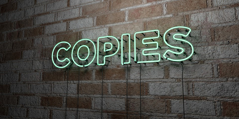 COPIES - Glowing Neon Sign on stonework wall - 3D rendered royalty free stock illustration.  Can be used for online banner ads and direct mailers..