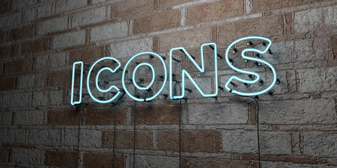 Fototapeta premium ICONS - Glowing Neon Sign on stonework wall - 3D rendered royalty free stock illustration. Can be used for online banner ads and direct mailers..