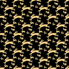 Gold rabbits running on a solid black background