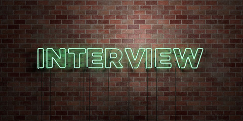 INTERVIEW - fluorescent Neon tube Sign on brickwork - Front view - 3D rendered royalty free stock picture. Can be used for online banner ads and direct mailers..