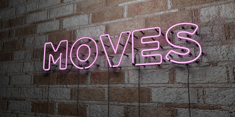 MOVES - Glowing Neon Sign on stonework wall - 3D rendered royalty free stock illustration.  Can be used for online banner ads and direct mailers..