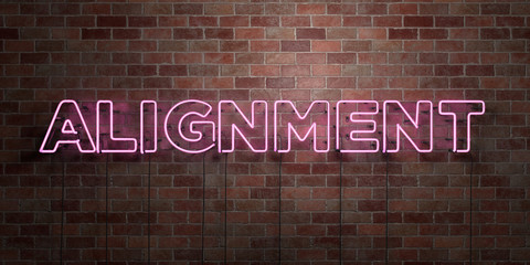 ALIGNMENT - fluorescent Neon tube Sign on brickwork - Front view - 3D rendered royalty free stock picture. Can be used for online banner ads and direct mailers..