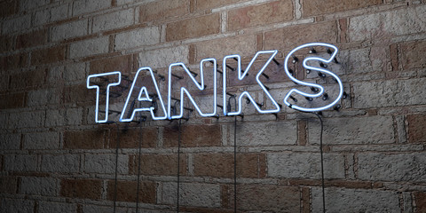 TANKS - Glowing Neon Sign on stonework wall - 3D rendered royalty free stock illustration.  Can be used for online banner ads and direct mailers..